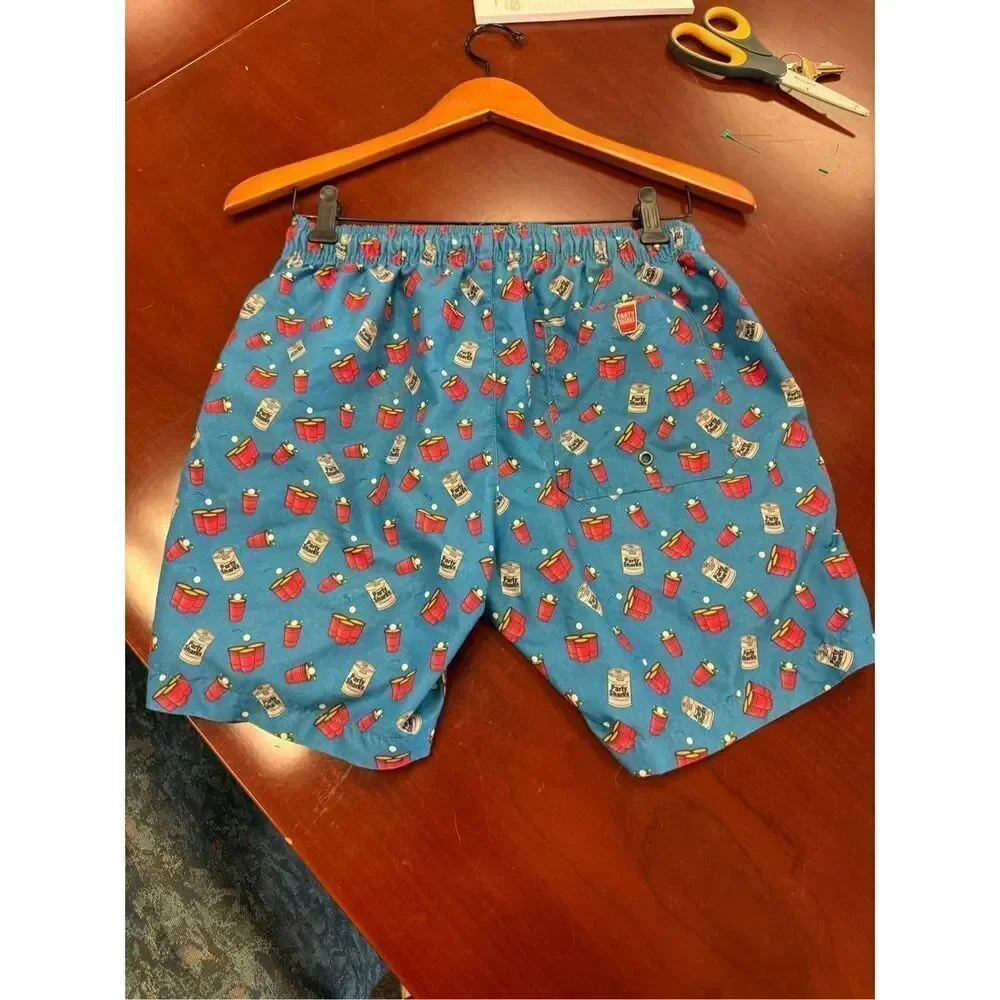 Party Sharks Blue w/ Red Solo Cups Swim Trunks sz S EUC